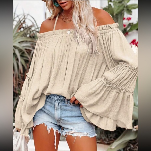 Luxe apricot off shoulder long sleeve casual blouse - Picture 1 of 15